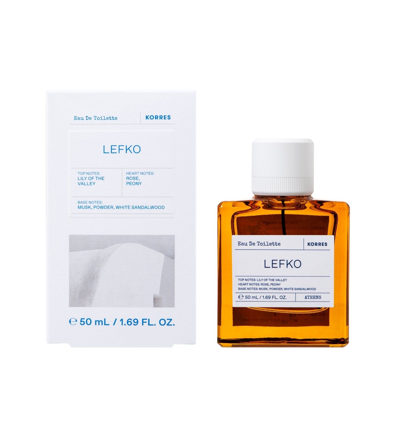 KORRES Lefko Eau de Toilette. Flacone con tappo bianco e confezione bianca. Scritta: Lefko, note olfattive.