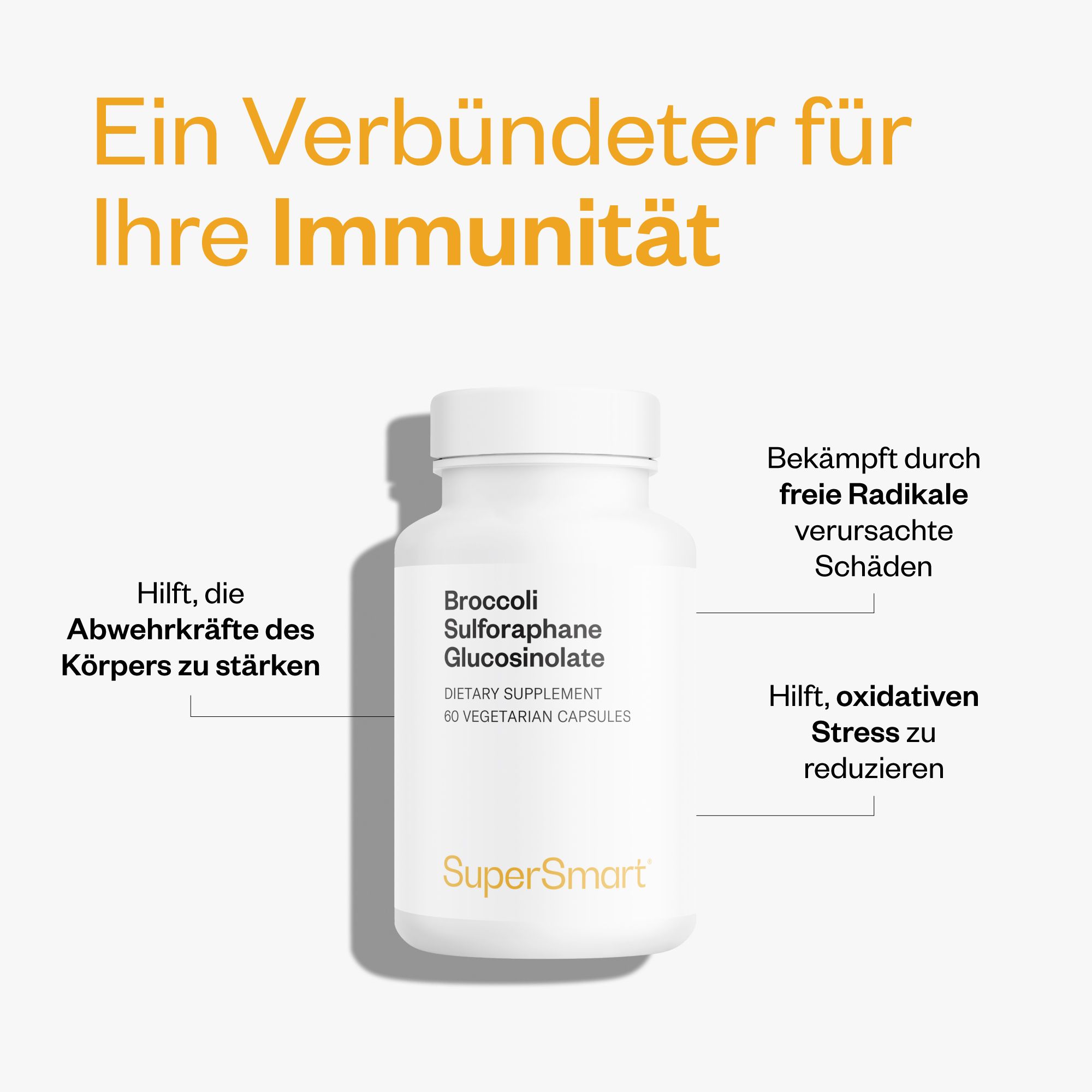 Flacone bianco di capsule Broccoli Sulforaphane Glucosinolate. 60 capsule vegetariane. Marchio SuperSmart. Testo: Per la tua immunità.