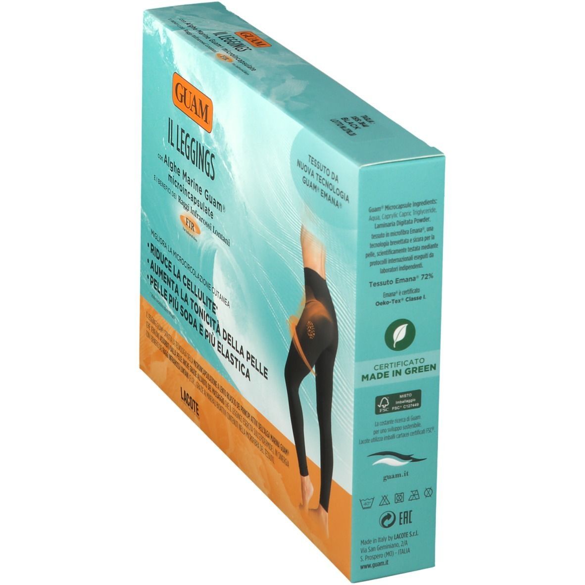 Vista laterale della confezione di GUAM® Il Leggings XS-S. Testo: Il Leggings, alghe, microcapsule. Certificazione: Made in Green.