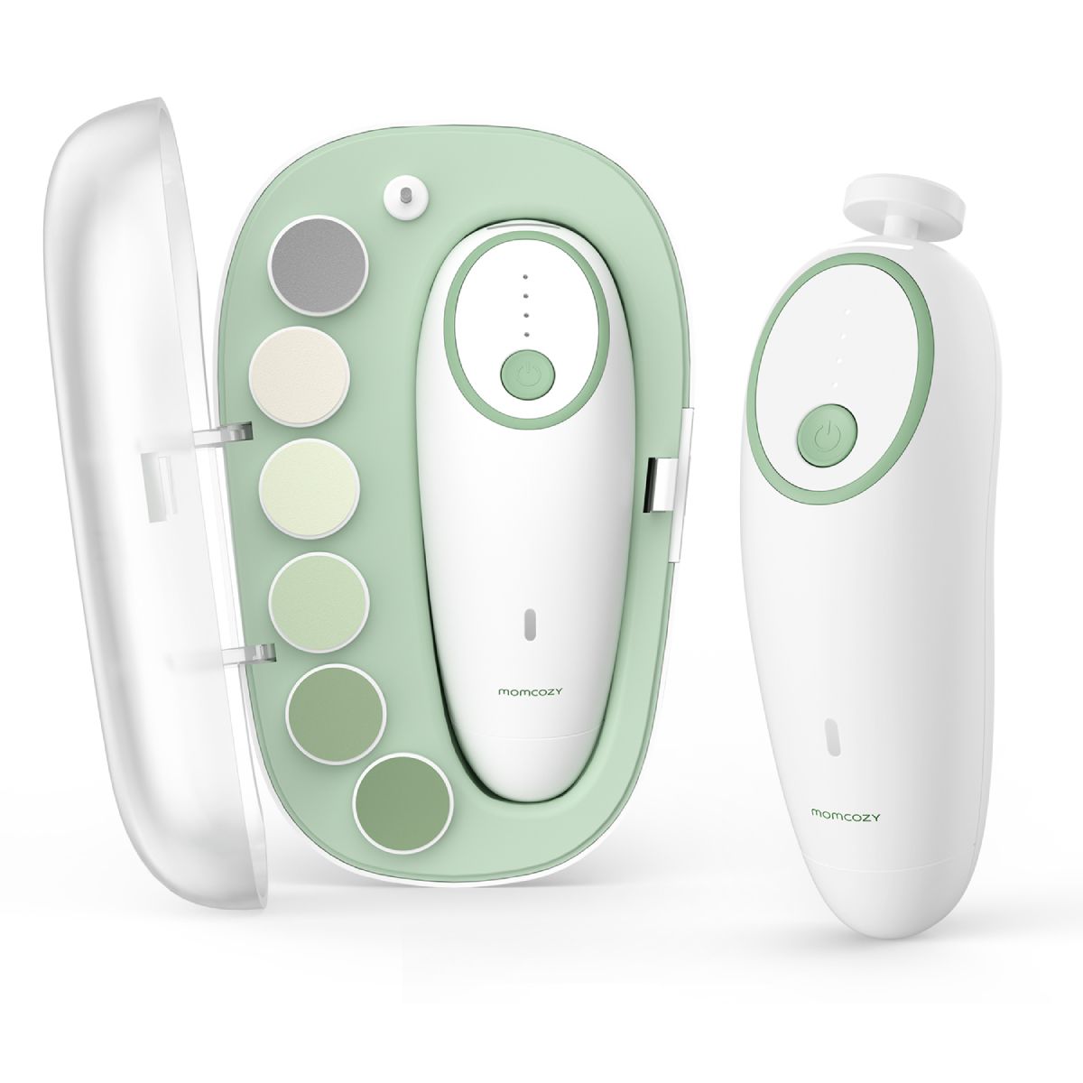 Lima per unghie con accessori. Lima bianca, supporto verde con punte. Coperchio trasparente. Logo Momcozy.
