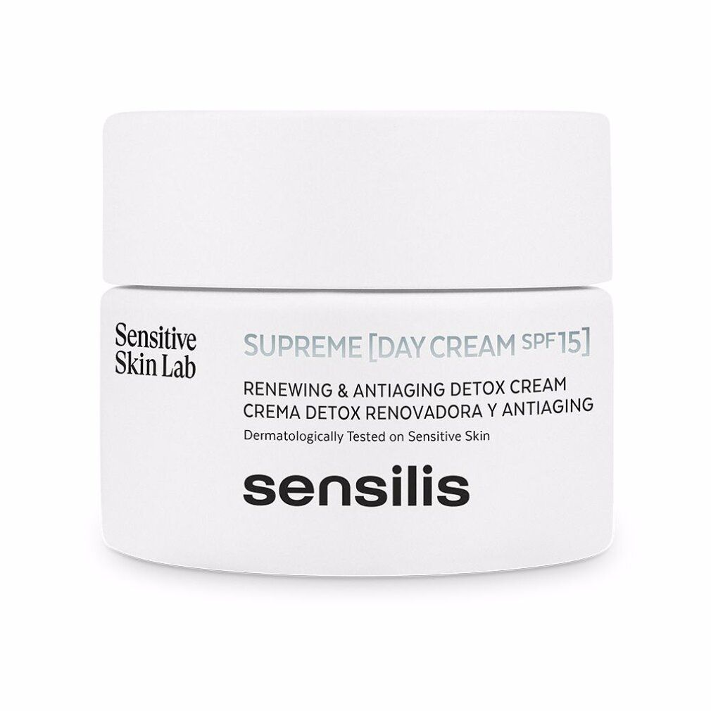 Vasetto bianco con scritta Sensilis, Supreme Day Cream SPF15, e testo per pelli sensibili.