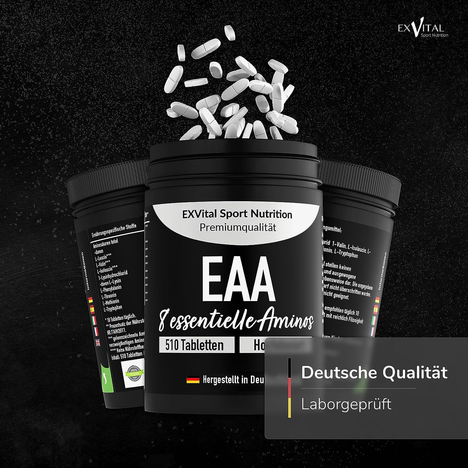 Tre contenitori neri EXVital EAA 8 aminoacidi essenziali, 510 compresse vegane. Qualità tedesca, testato in laboratorio.