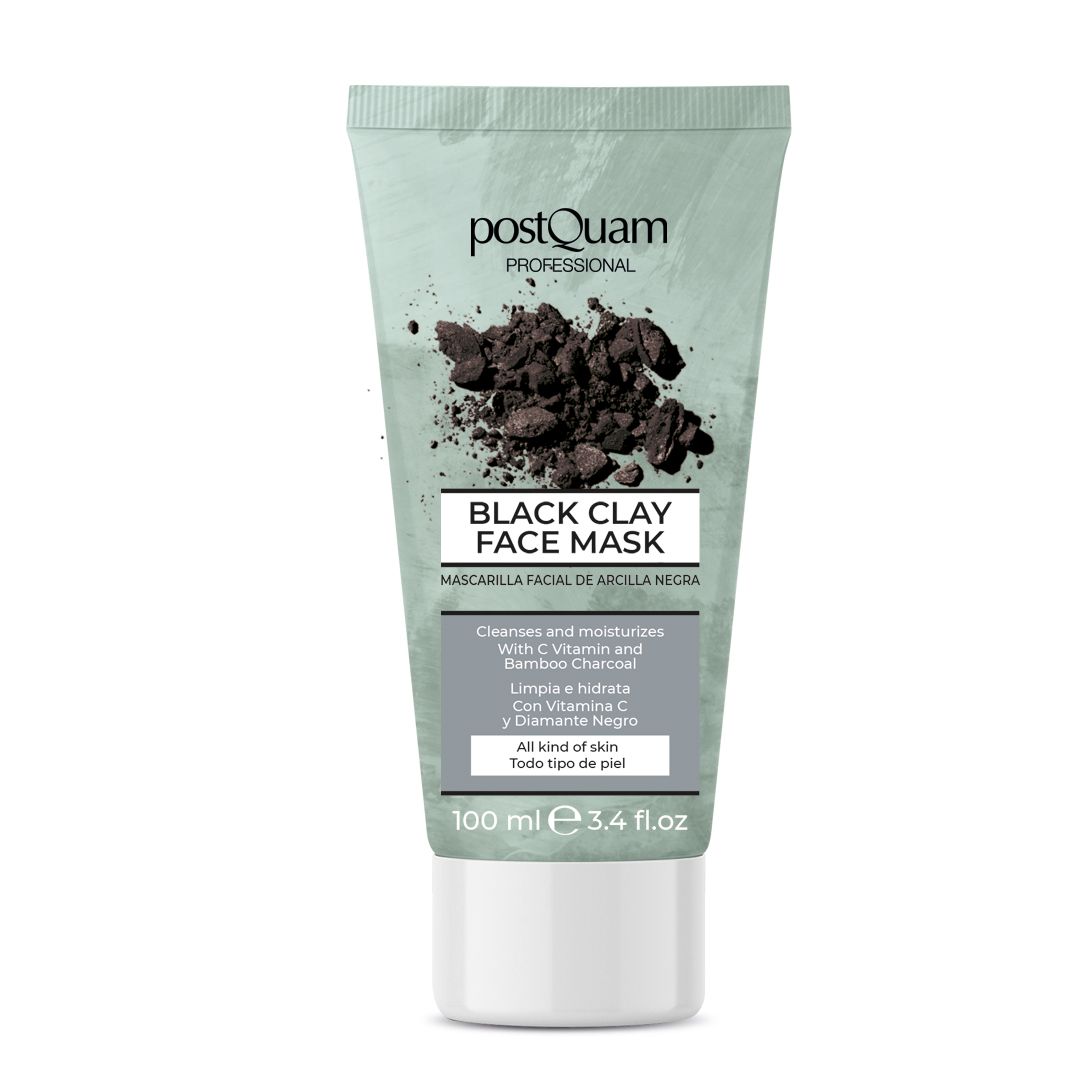 Maschera viso in tubo. Testo: Black Clay Face Mask, deterge e idrata con vitamina C e carbone di bambù. 100 ml.
