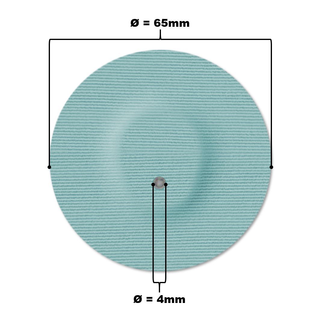 Cerotto rotondo azzurro chiaro con foro. Diametro 65mm, foro 4mm. Tessuto a trama. Area rialzata.
