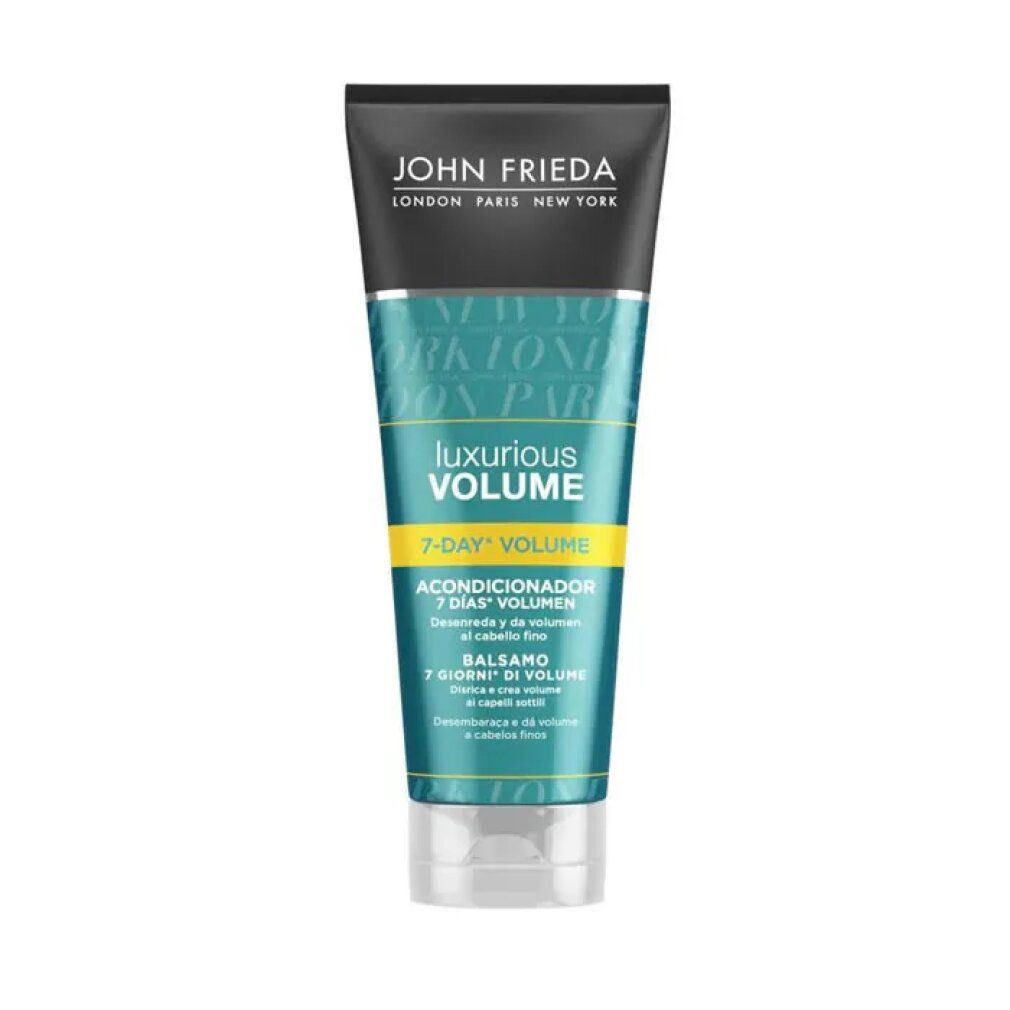 Tubo di balsamo John Frieda. Volume lussuoso, 7 giorni di volume. Per capelli fini. Design verde e bianco, tappo nero.