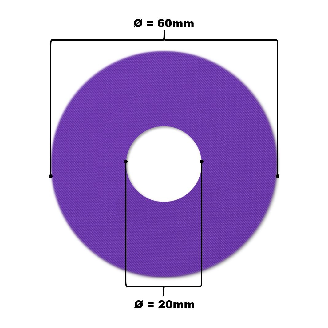 Cerotto per catetere viola con foro centrale. Diametro 60mm, diametro foro 20mm.