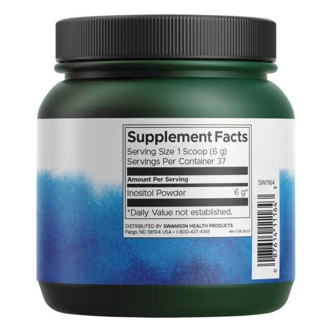 Retro del barattolo di integratore verde. Contiene informazioni nutrizionali per Inositol Powder. Coperchio nero, etichetta blu e bianca.