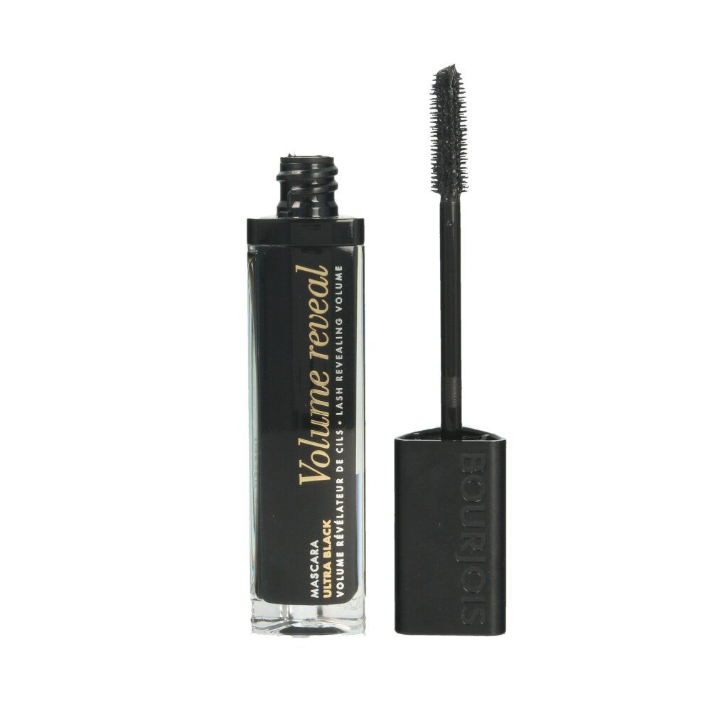 Tubo di mascara nero con spazzola. Scritta: Volume Reveal, Ultra Black. Spazzola con setole.