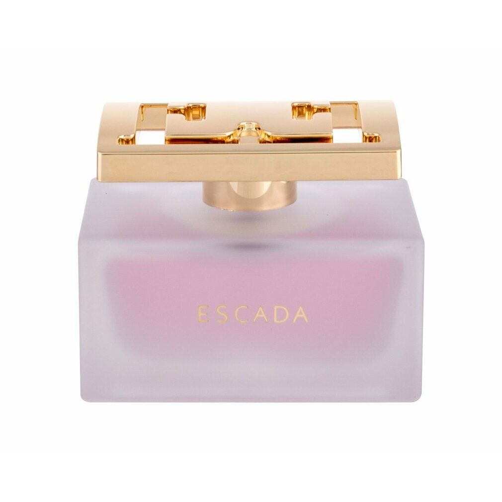 Flacone rosa con tappo dorato. Scritta: ESCADA. Forma rettangolare.