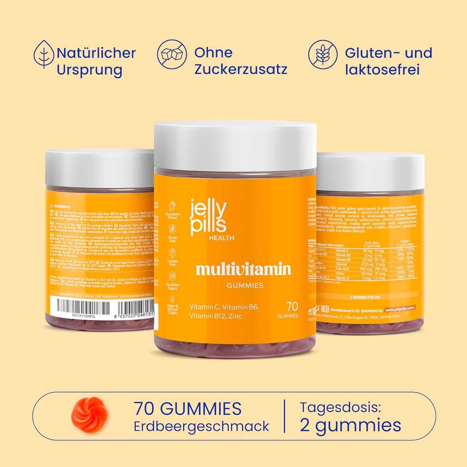 Tre contenitori di Jelly Pills Multivitamin-Gummies. 70 caramelle gommose per contenitore. Origine naturale, senza zucchero, senza glutine e lattosio.