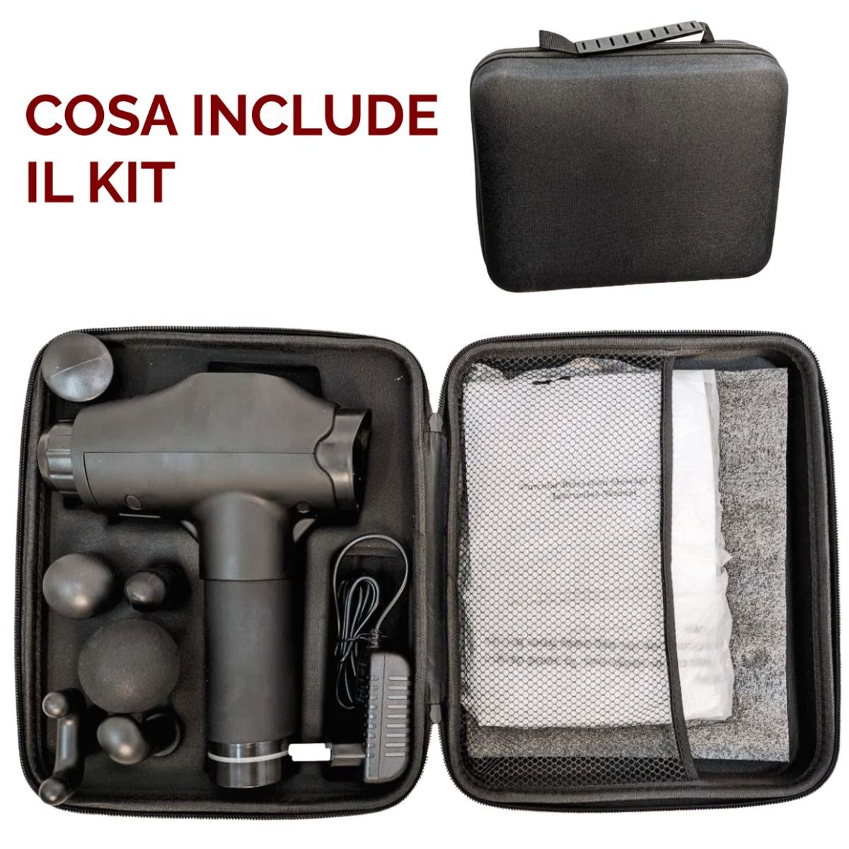Custodia aperta con pistola massaggiante, accessori, caricabatterie e accessori. Testo: Cosa include il kit.