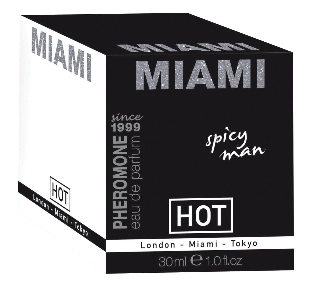 Confezione Pheromone Parfum MIAMI – Spicy Man, vista frontale obliqua con logo e indicazione di dimensione.