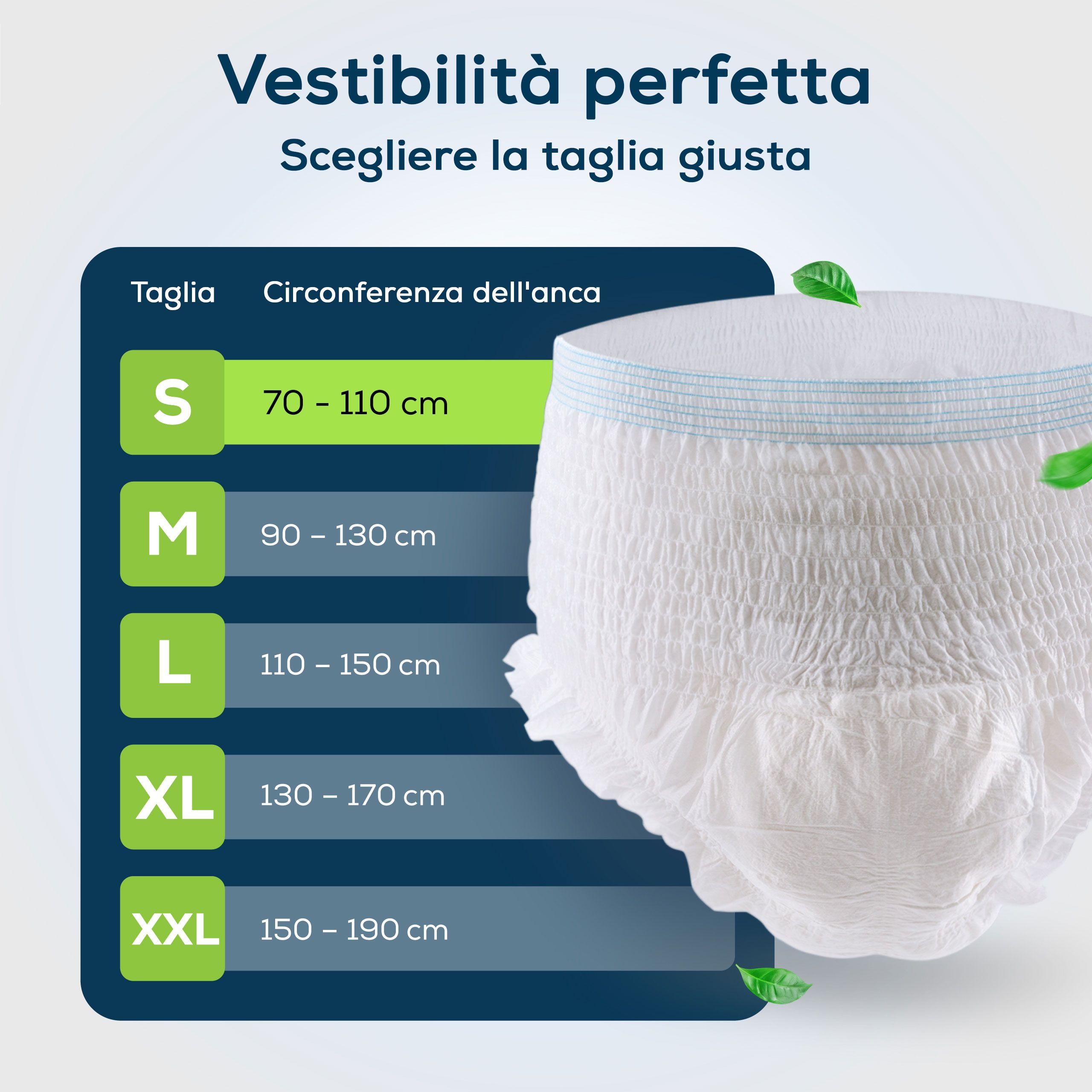 Pannolino per incontinenza bianco. Taglie S a XXL. Circonferenza fianchi: 70-190 cm. Vestibilità perfetta. Guida alle taglie.