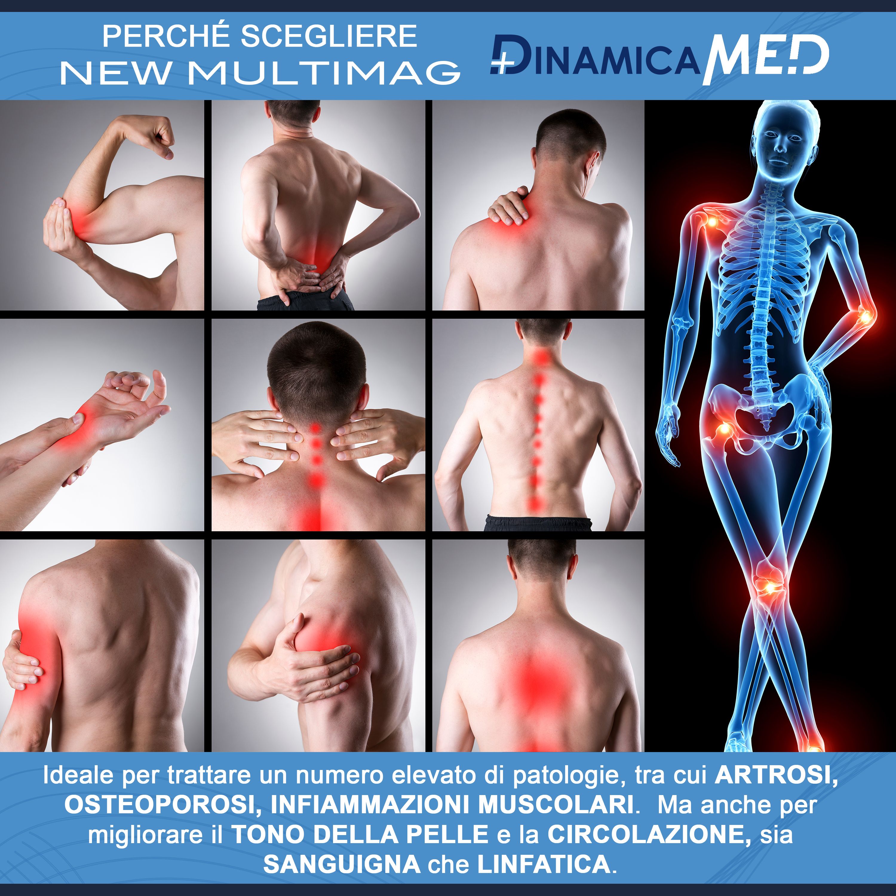 Aree di applicazione magnetoterapia: articolazioni, schiena, collo, polso, spalla.