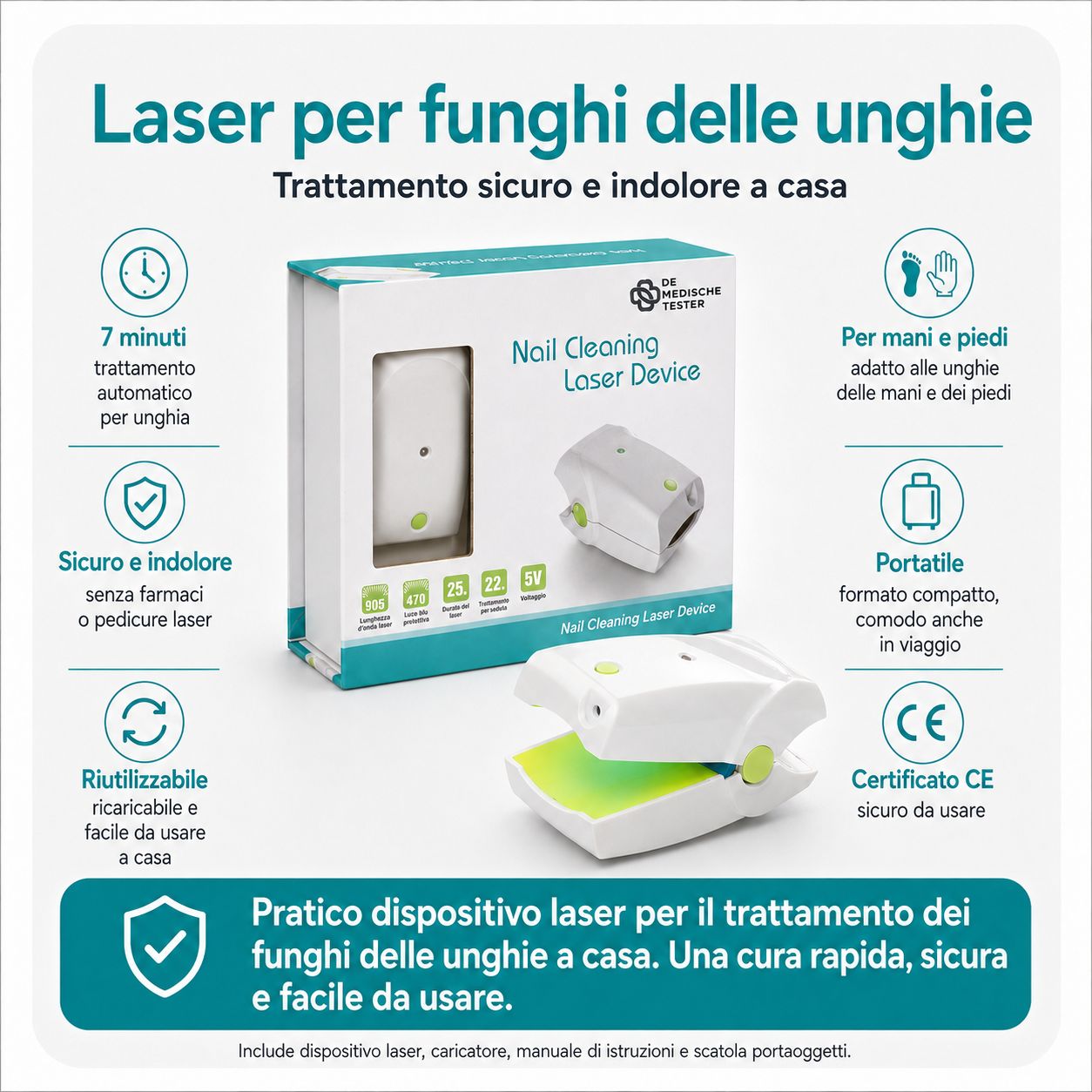 Dispositivo laser per il trattamento dei funghi delle unghie, certificato CE, con istruzioni.