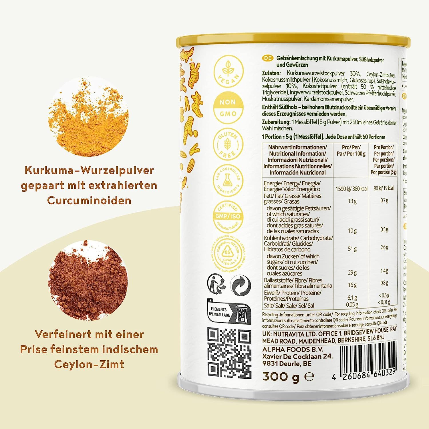 Barattolo con elenco ingredienti e valori nutrizionali. Contiene polvere di curcuma e cannella di Ceylon. Vegano, senza OGM.