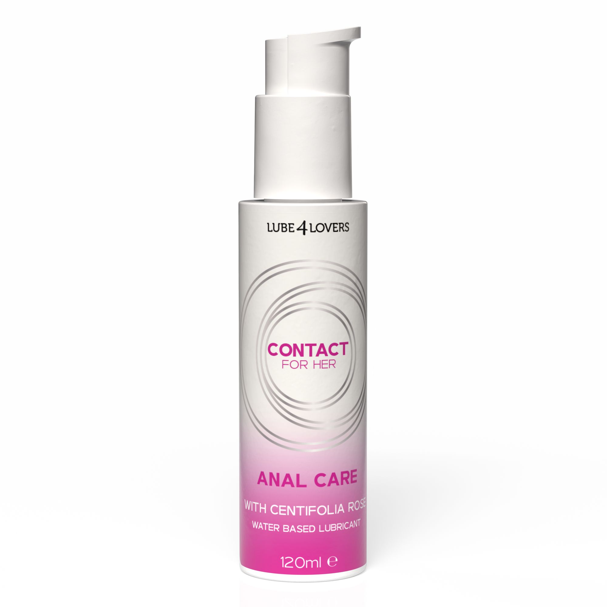 Flacone bianco. Scritta: CONTACT FOR HER, ANAL CARE, con rosa centifolia, lubrificante a base d'acqua. 120ml. Con dispenser.