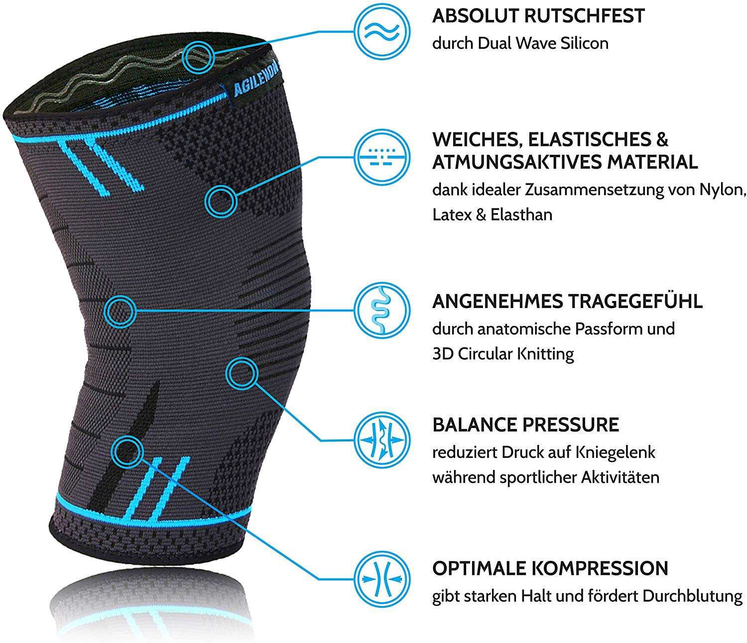 Ginocchiera grigia. Caratteristiche: traspirante, elastica, confortevole, equilibrio, compressione.