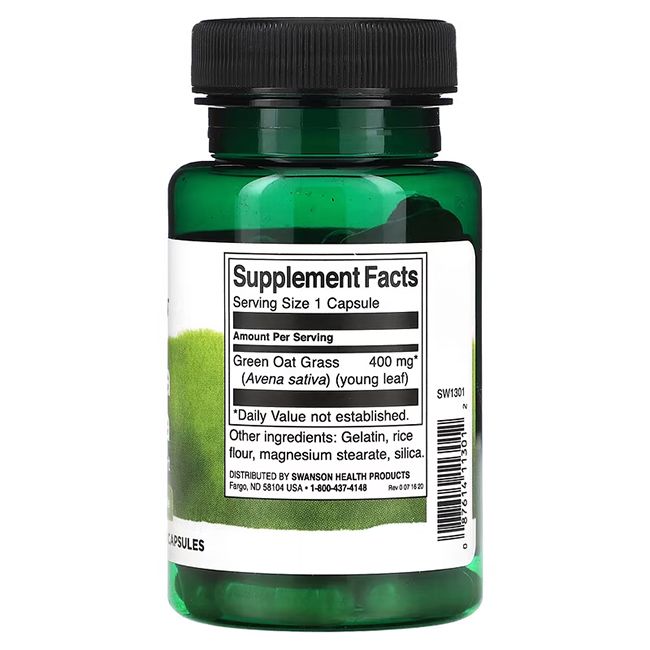 Flacone verde con tappo nero. Retro con informazioni nutrizionali. Contiene: Green Oat Grass, 400 mg, gelatina, riso, ecc.