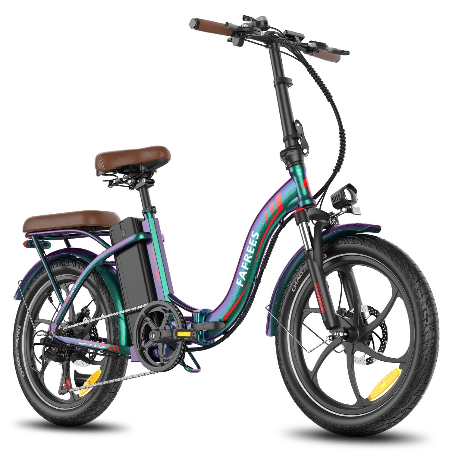 E-bike pieghevole blu-verde, sella e portapacchi marroni. Pneumatici, cerchi e batteria neri. Marchio FAFREES.