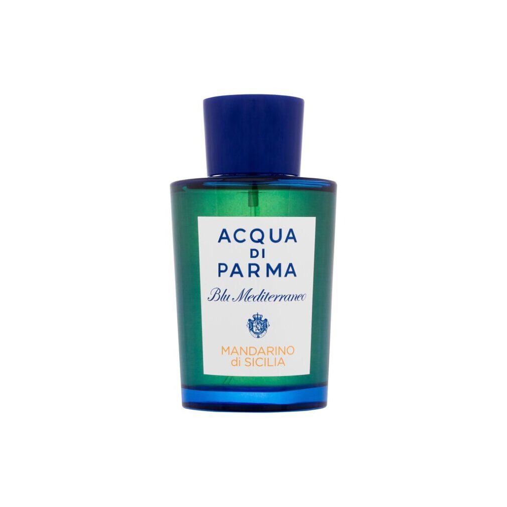 Flacone blu-verde. Scritta: ACQUA DI PARMA Blu Mediterraneo, Mandarino di Sicilia.