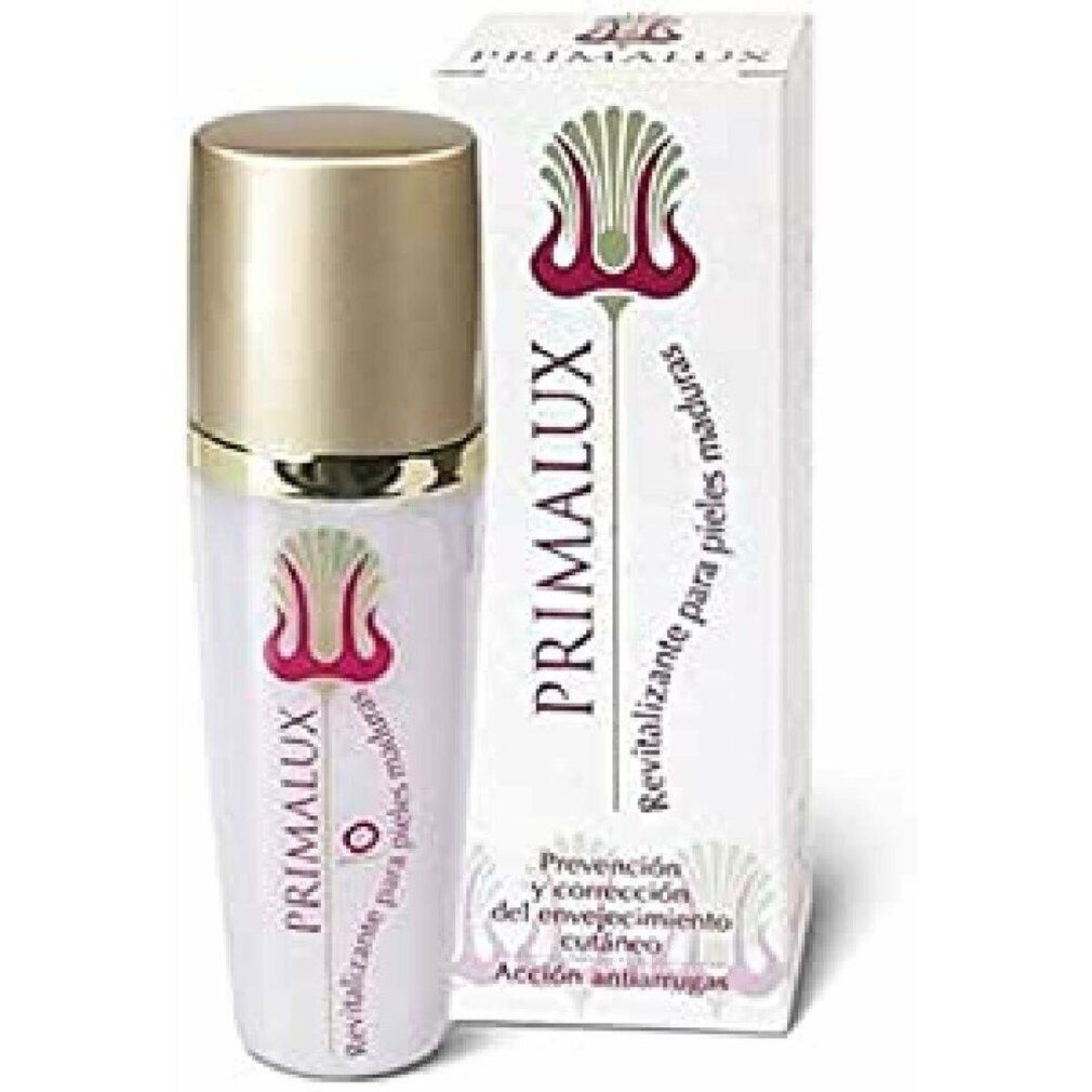 Flacone e scatola di crema PRIMALUX. Scritta: Revitalizante para pieles maduras. Design floreale.
