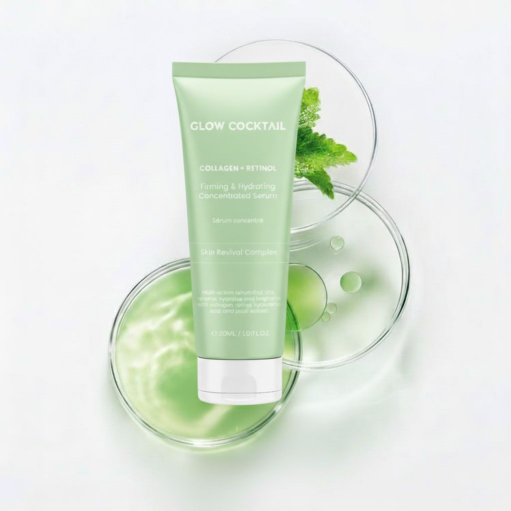 Siero Glow Cocktail in tubo verde chiaro, circondato da capsule di Petri con liquido verde e foglie.