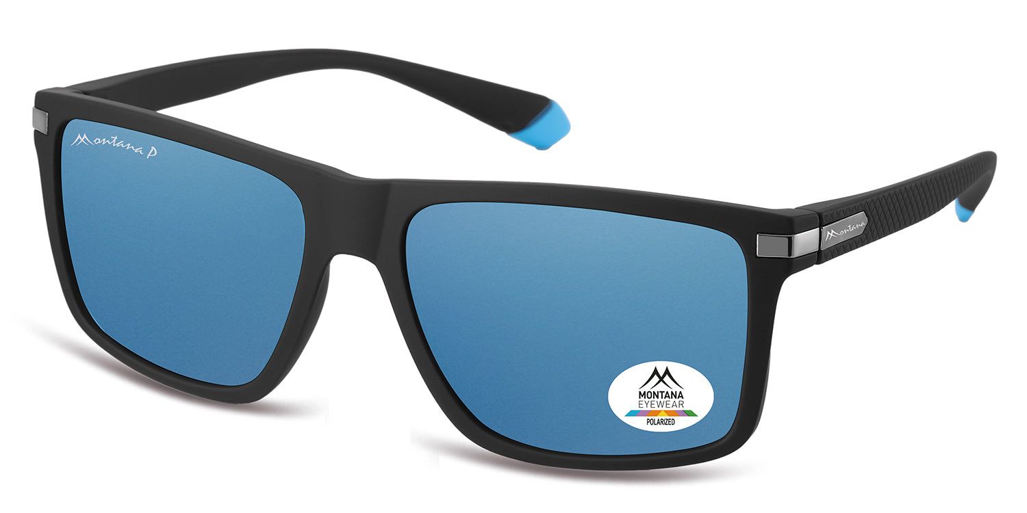Occhiali da sole neri con lenti blu. Logo Montana Eyewear ed etichetta Polarized. Dettagli blu sulle aste.