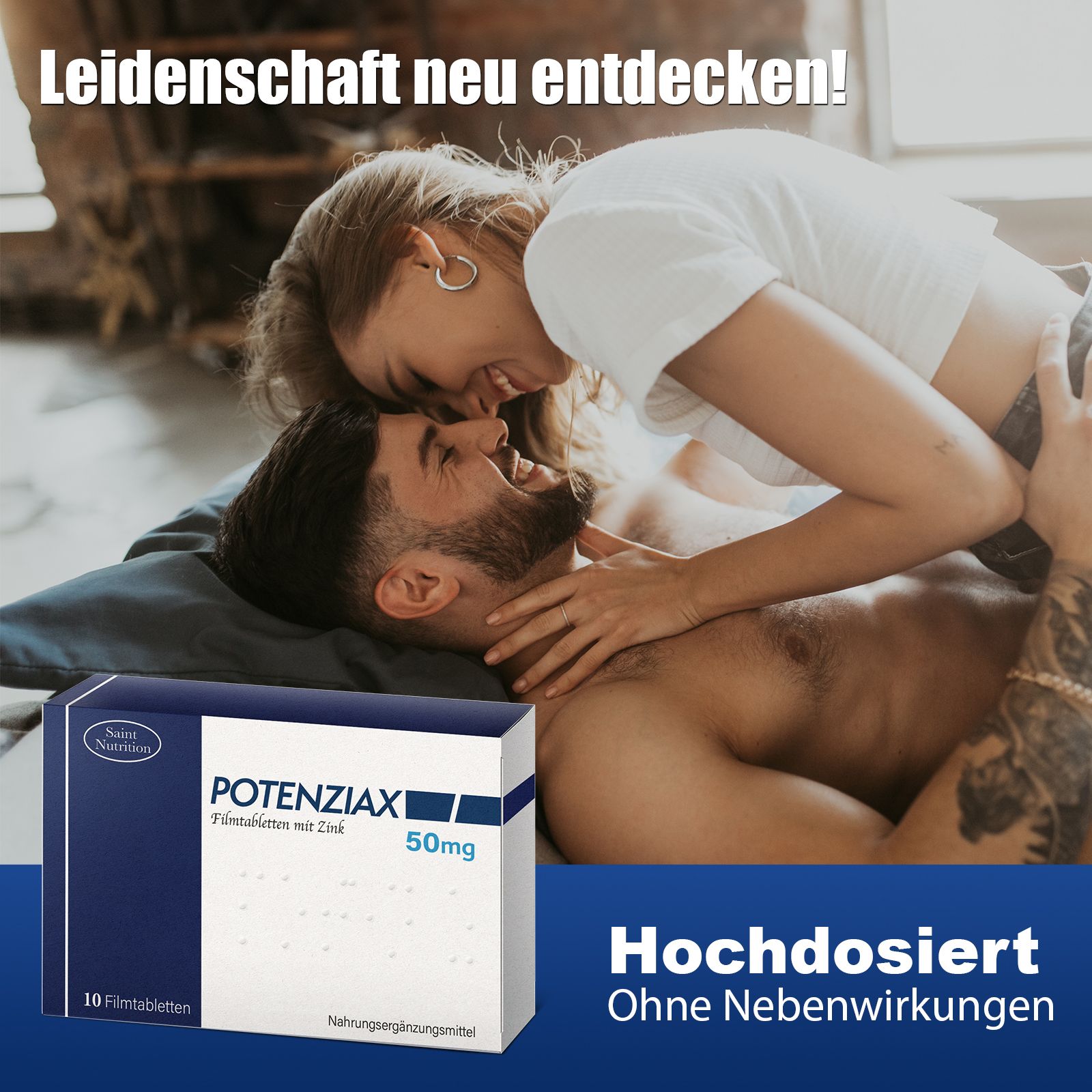 Immagine pubblicitaria con una coppia. In primo piano, una scatola e un blister di compresse. Testo: "POTENZIAX 50mg".