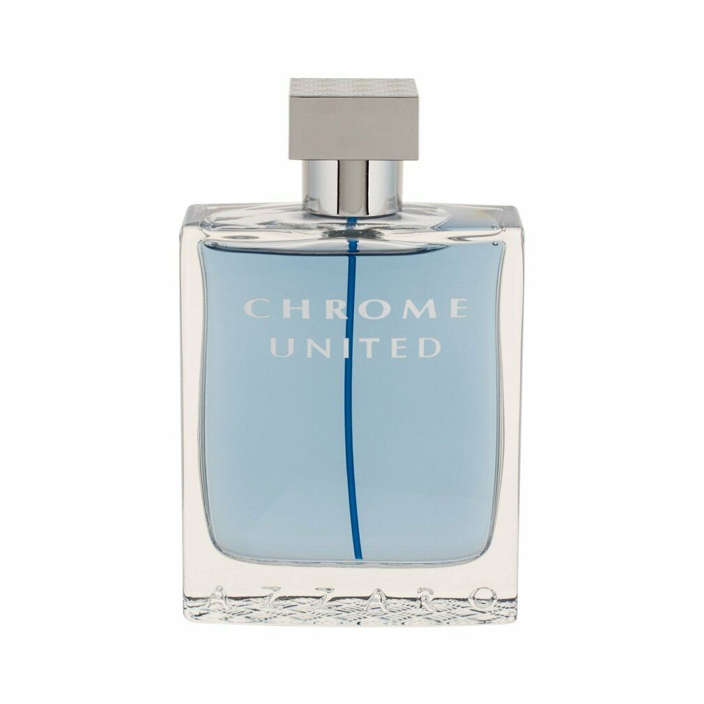 Flacone quadrato con contenuto blu. Scritta: CHROME UNITED. Tappo argentato. Linea blu verticale nel flacone.