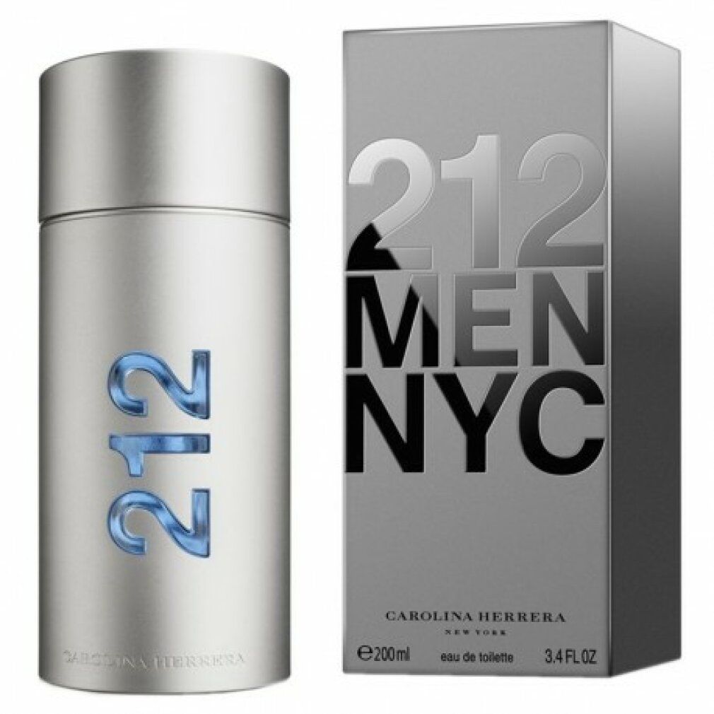 Flacone argentato e scatola grigia. Sul flacone è scritto "212". Sulla scatola è scritto "212 MEN NYC" e "Carolina Herrera".