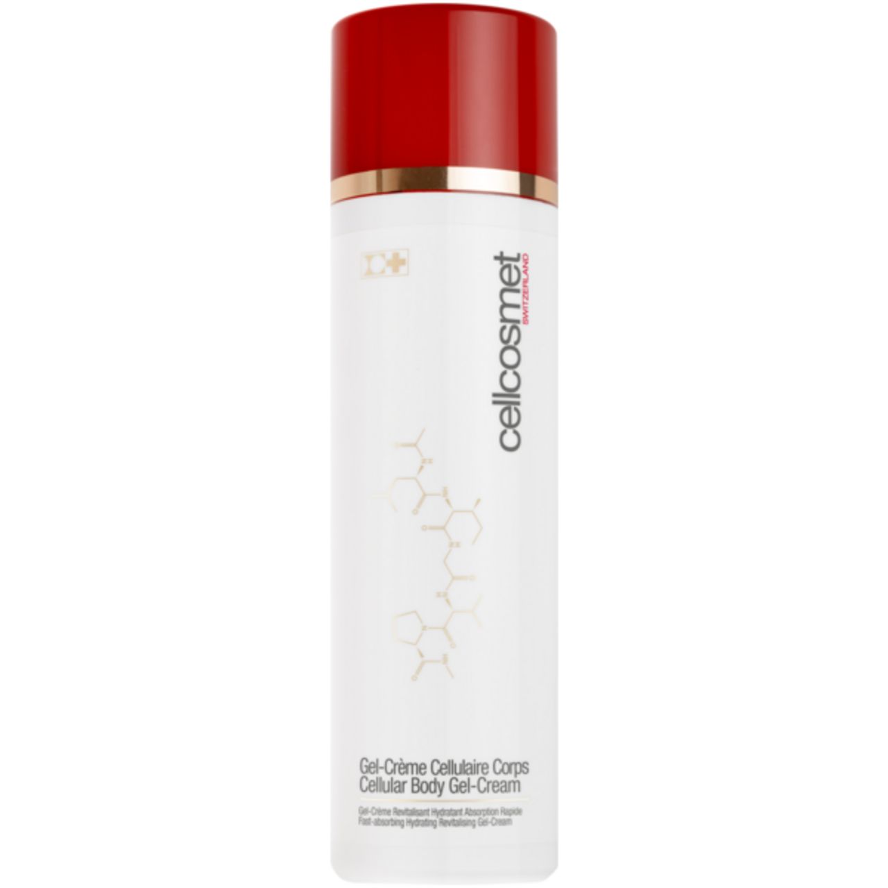 Flacone bianco e rosso con anello dorato. Scritta: Cellcosmet, Gel-Crème Cellulaire Corps, Cellular Body Gel-Cream.