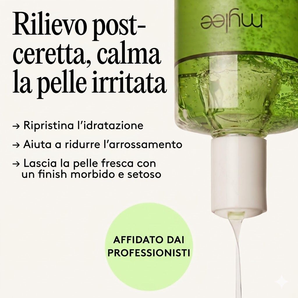 Gel versato da una bottiglia. Testo: Sollievo post-ceretta, calma la pelle irritata. Ripristina l'idratazione, aiuta a ridurre l'arrossamento.