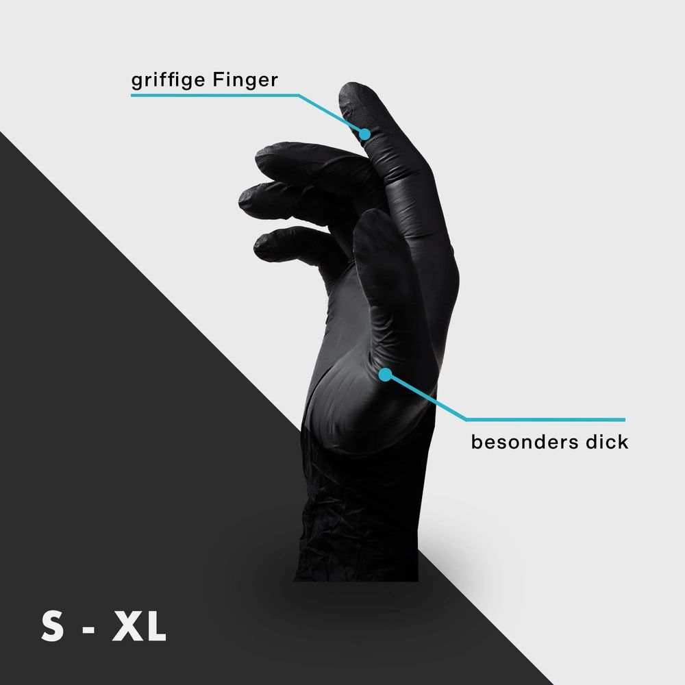 Mano nera con guanto nero. Etichette: dita aderenti, particolarmente spesse. Taglie: S-XL.