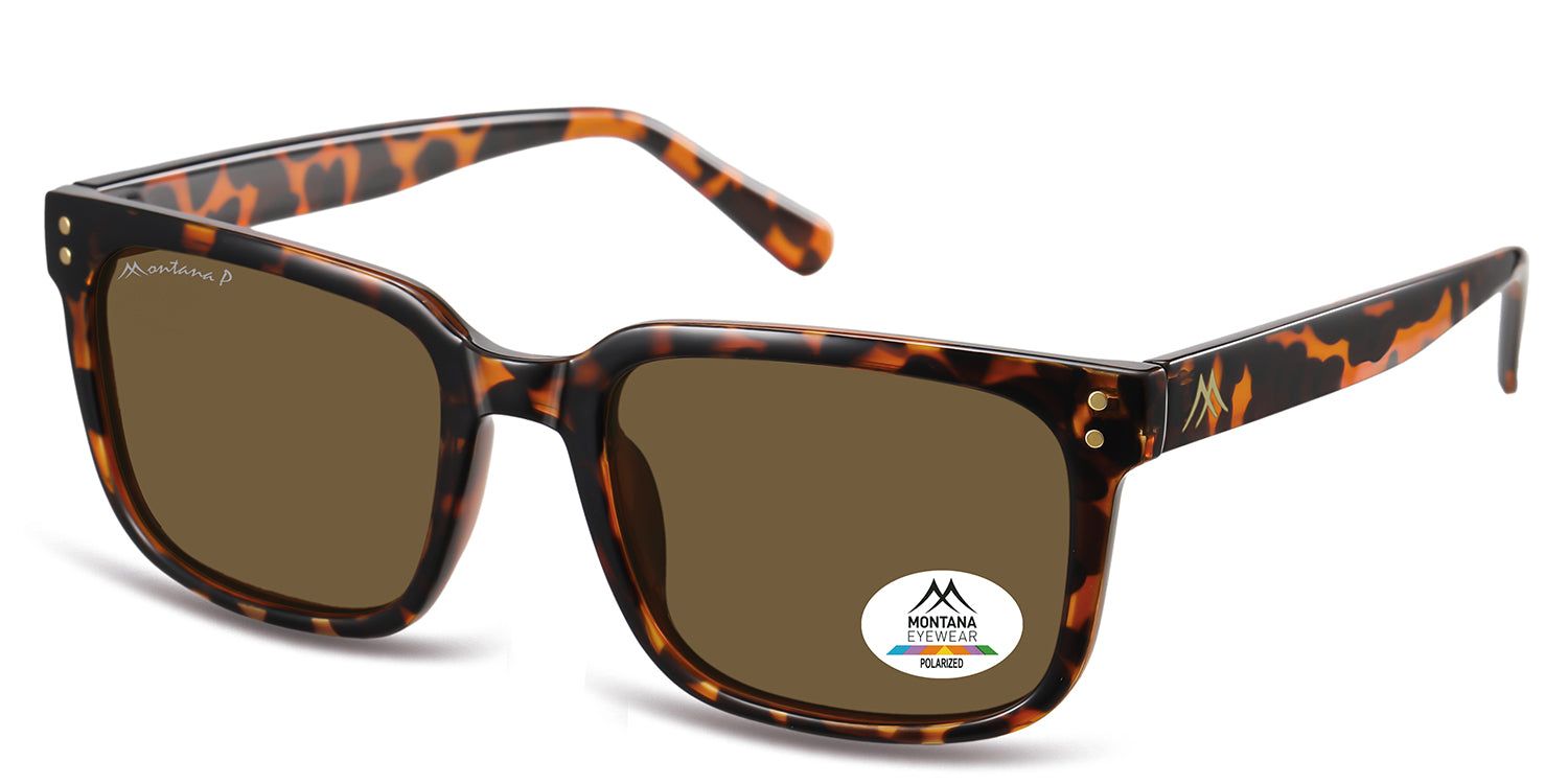 Occhiali da sole con lenti marroni e montatura marrone-nera. Logo Montana Eyewear sulla lente e sull'asta. Vista prospettica.