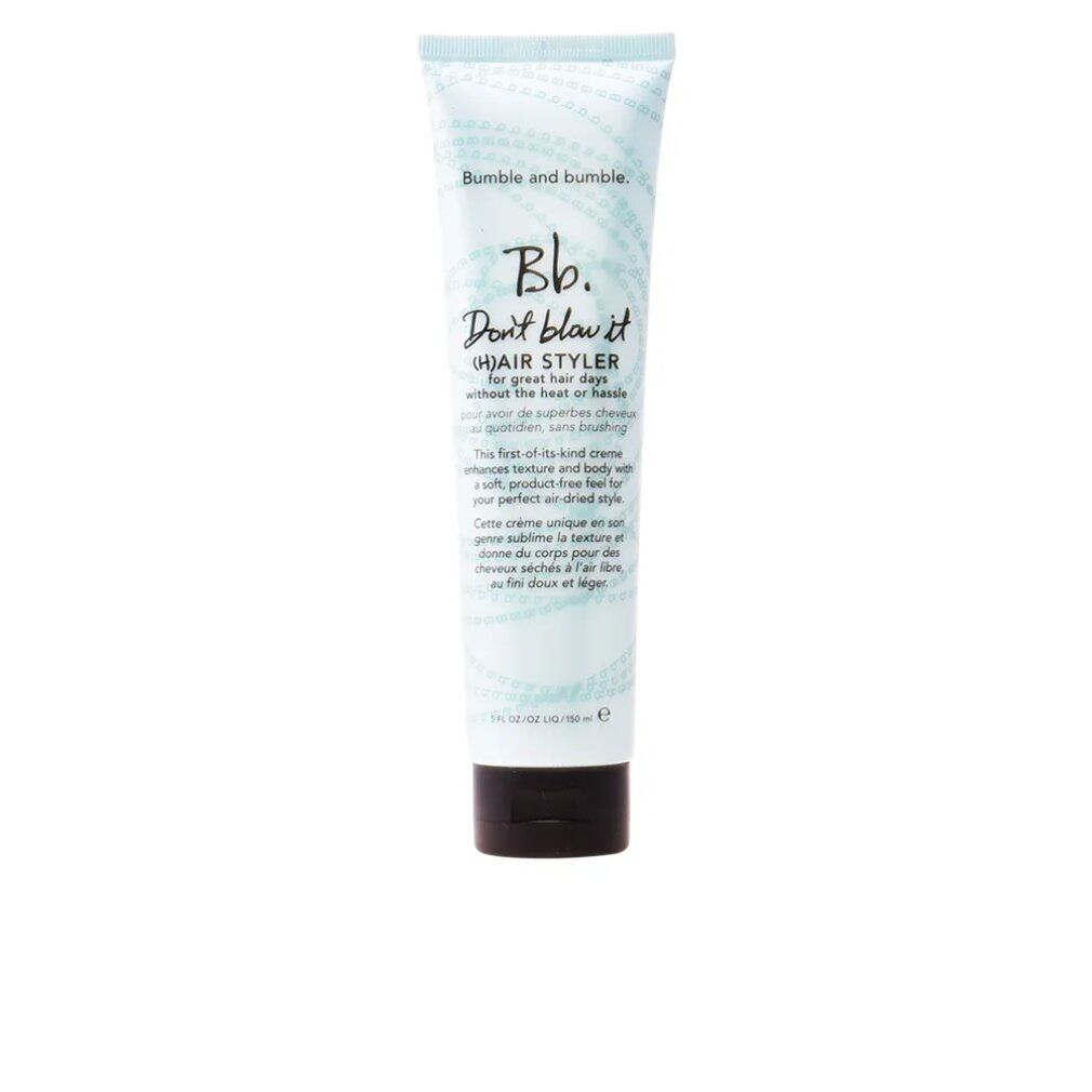 Tubo verde chiaro con tappo nero. Scritta: Bumble and bumble, Bb. Don't blow it, Hair Styler.