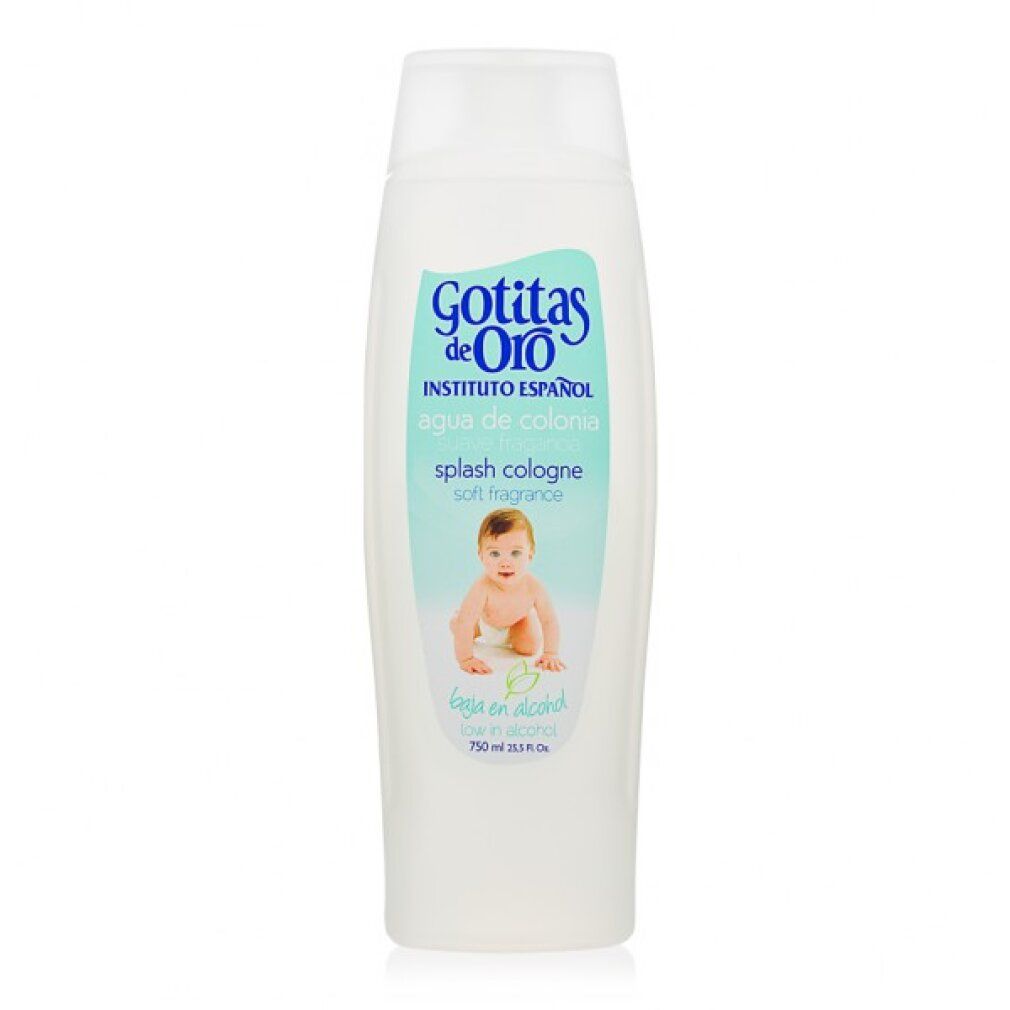 Flacone bianco con logo "Gotitas de Oro" e immagine di un bambino. Splash Cologne, 750 ml.