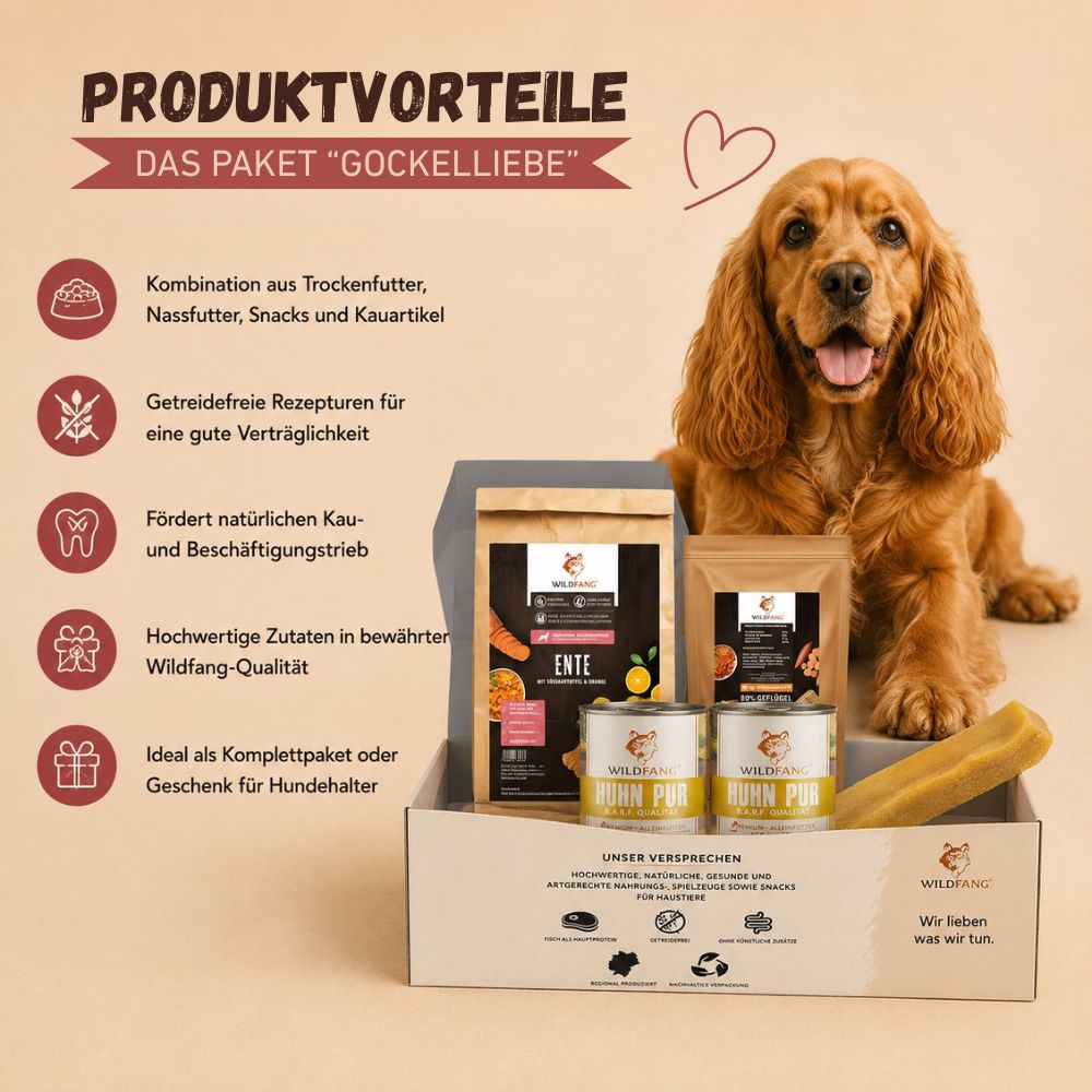 Vantaggi del pacchetto "Gockelliebe" con cane e panoramica del contenuto.