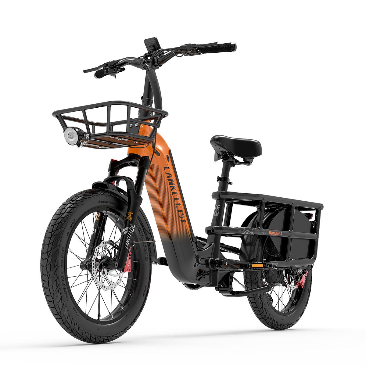 E-bike da carico arancione e nero. Cestino, faro, portapacchi. Marchio Lankeleisi. Pneumatici neri. Freni a disco.