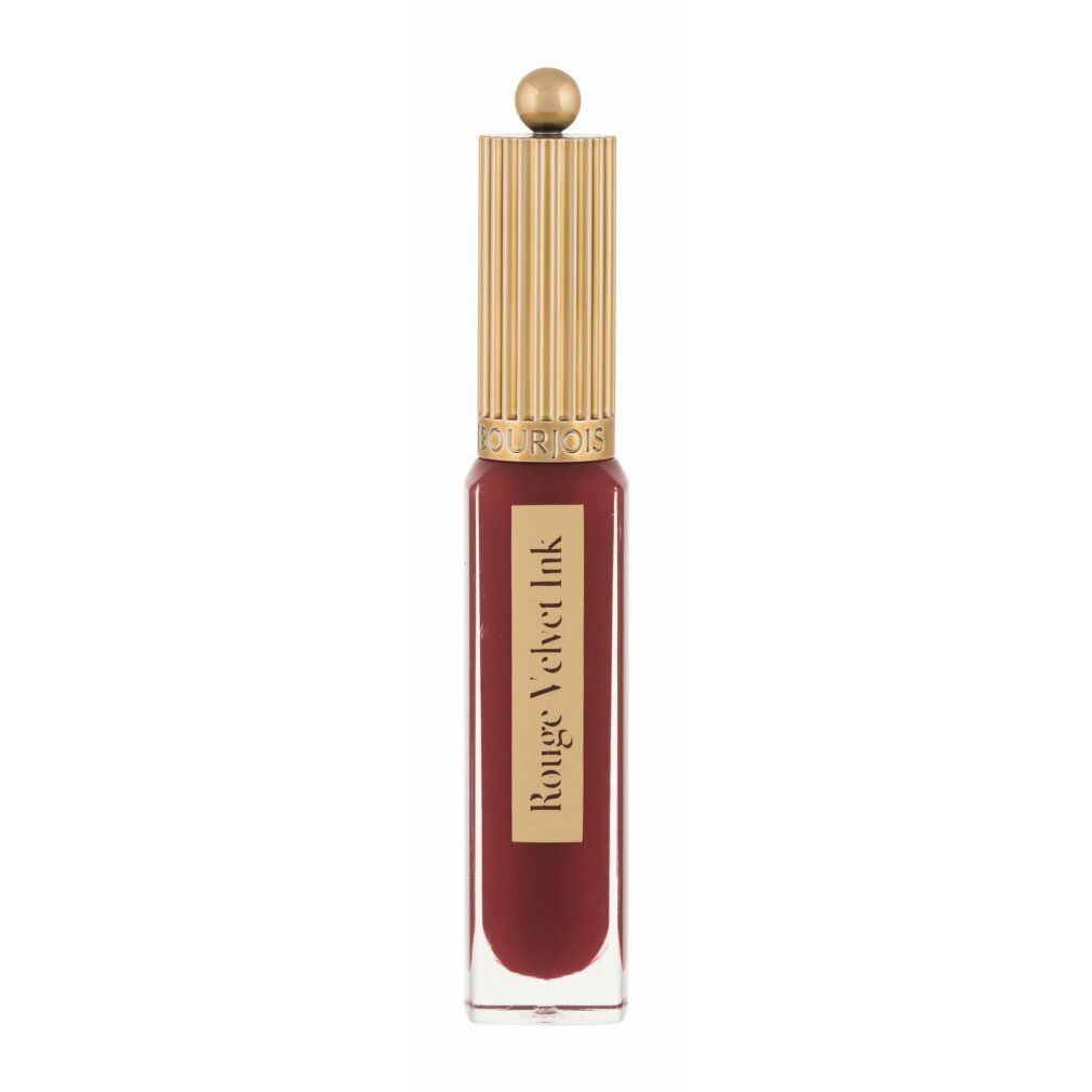 Rossetto Bourjois Rouge Velvet Ink con tappo dorato. Colore rosso visibile. Nome del prodotto sul contenitore.