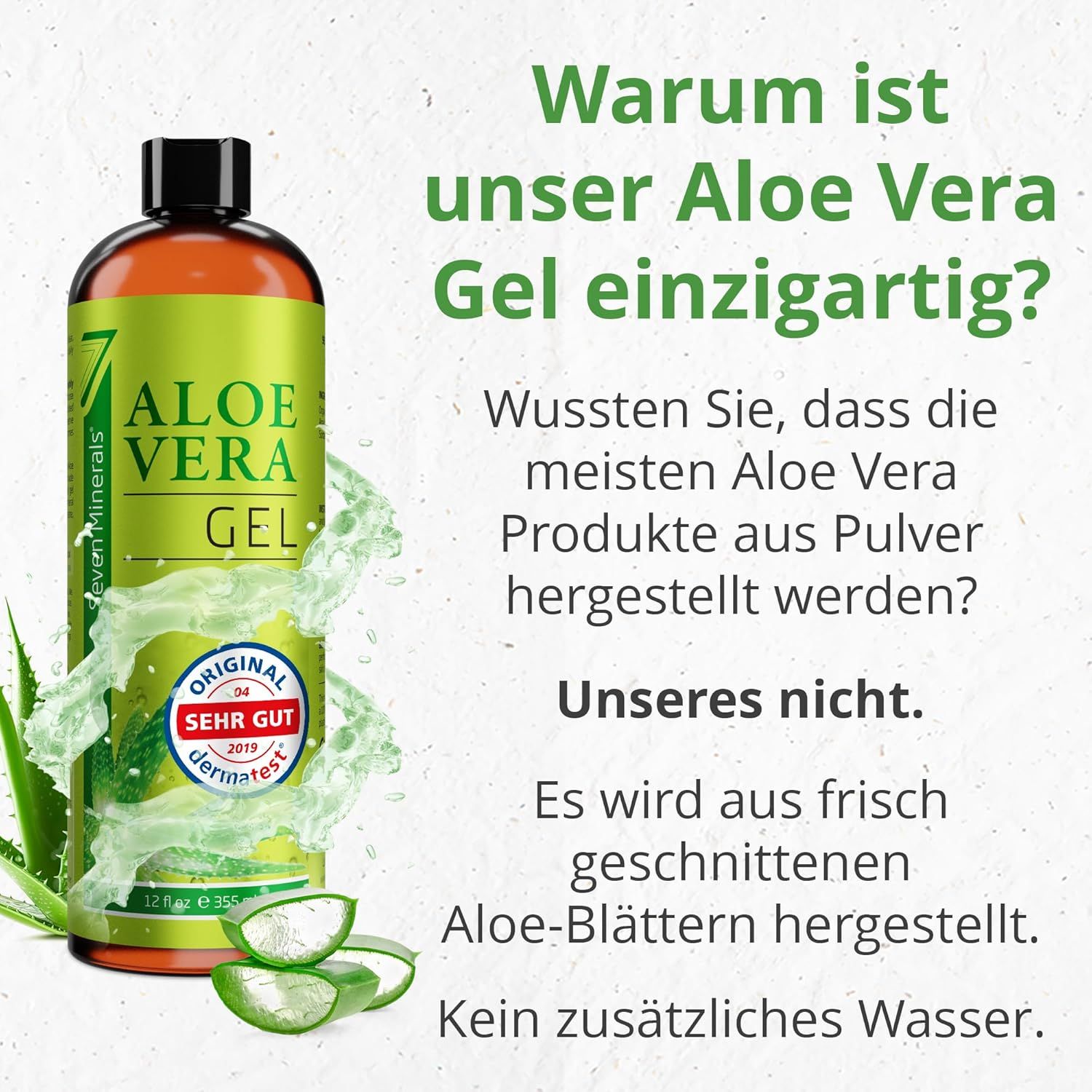 Flacone di gel di aloe vera. Testo: Perché il nostro gel di aloe vera è unico? Prodotto con foglie di aloe vera appena tagliate.