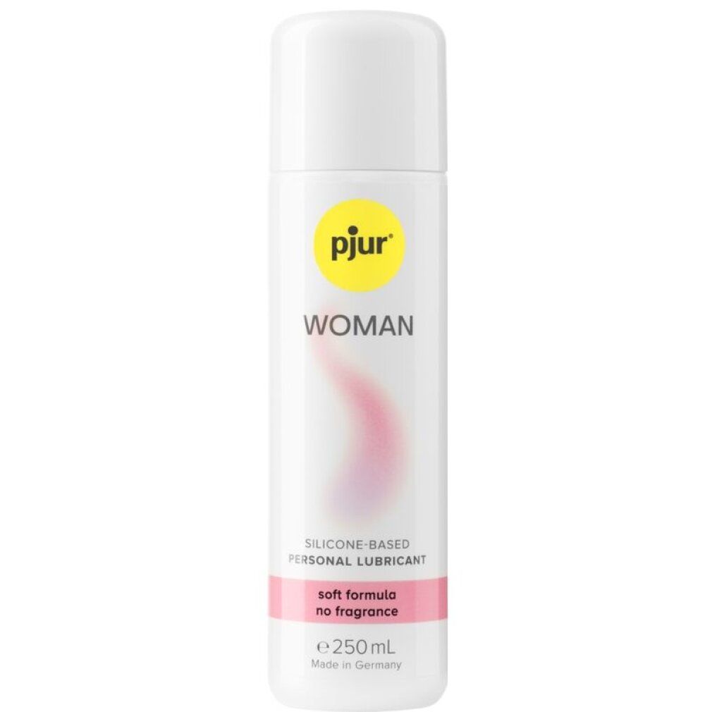 Flacone bianco con logo giallo e testo rosa. Nome prodotto: pjur WOMAN. Testo: SILICONE-BASED PERSONAL LUBRICANT, soft formula no fragrance, e 250 mL.