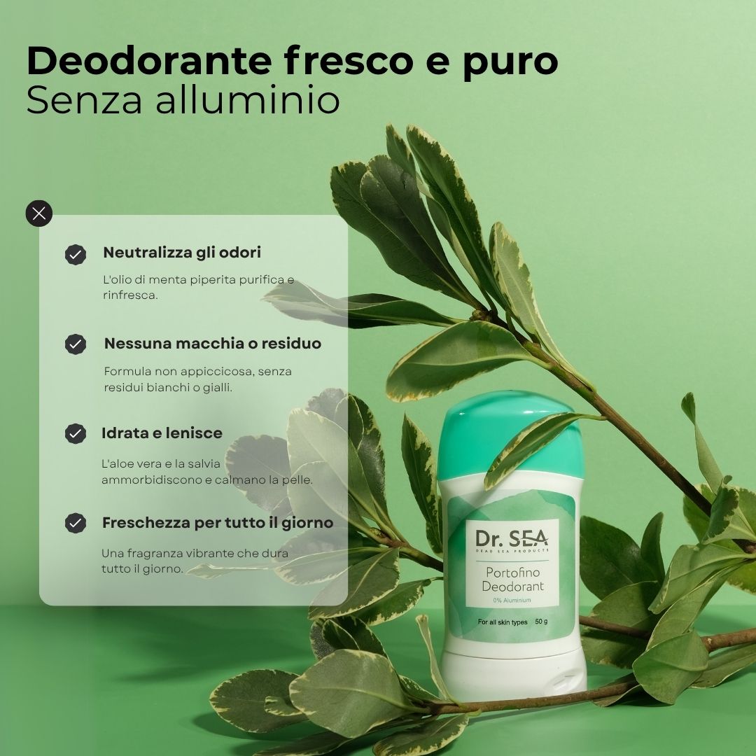 Stick deodorante con foglie. Testo: Deodorante fresco e puro, Senza alluminio. Vantaggi: neutralizza gli odori, nessun residuo.