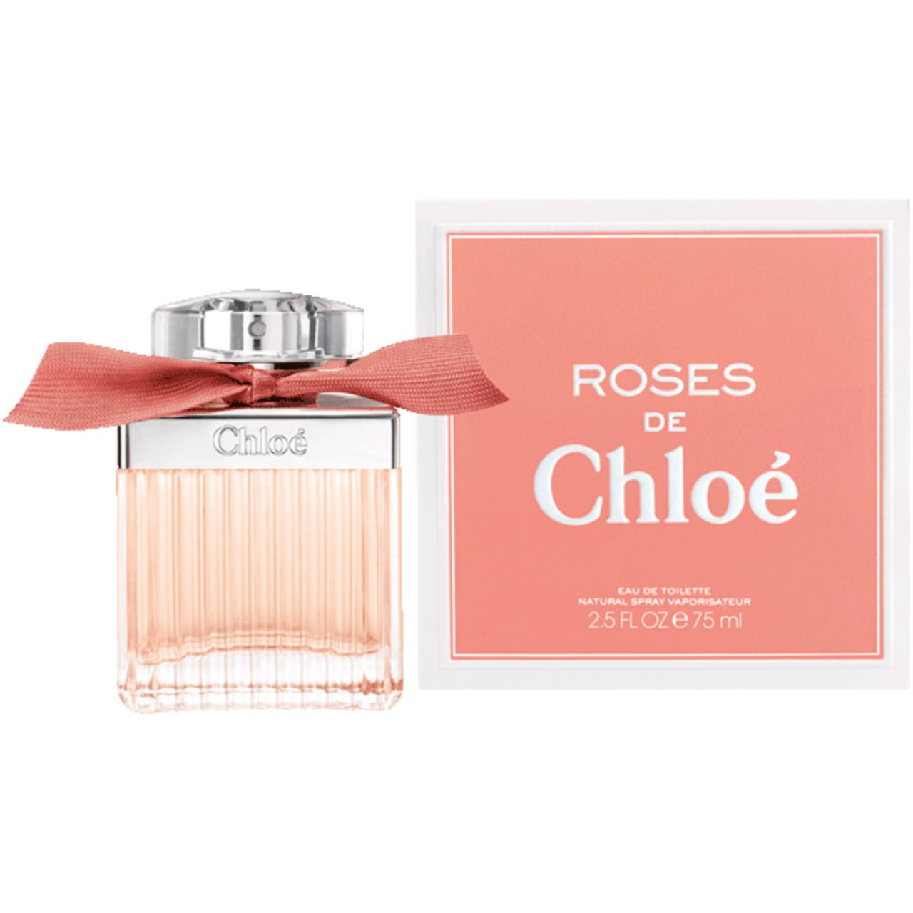 Flacone di profumo con fiocco rosa e confezione. Scritta "Roses de Chloé".