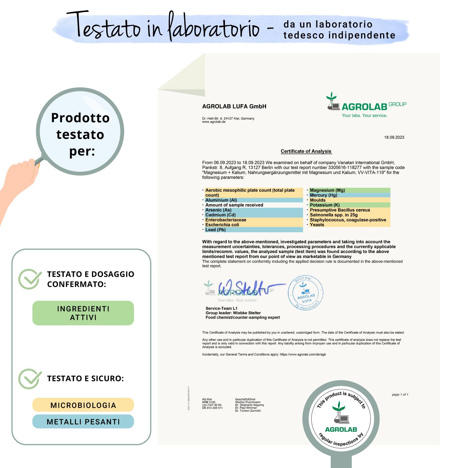 Rapporto di laboratorio di Agrolab. Conferma degli ingredienti e della sicurezza. Sigillo: Testato e confermato, Agrolab.