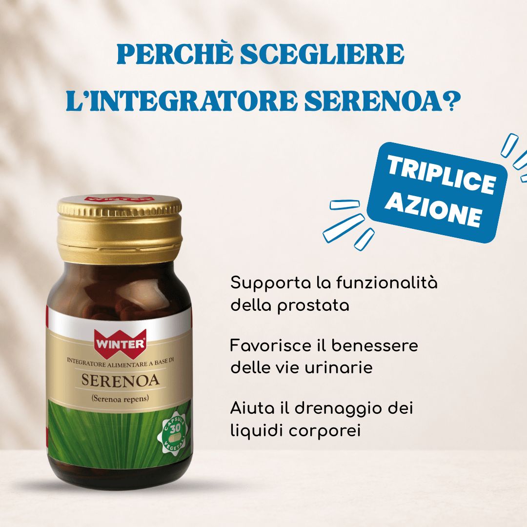 Flacone di Winter Serenoa con testo 'Triplice Azione'.
