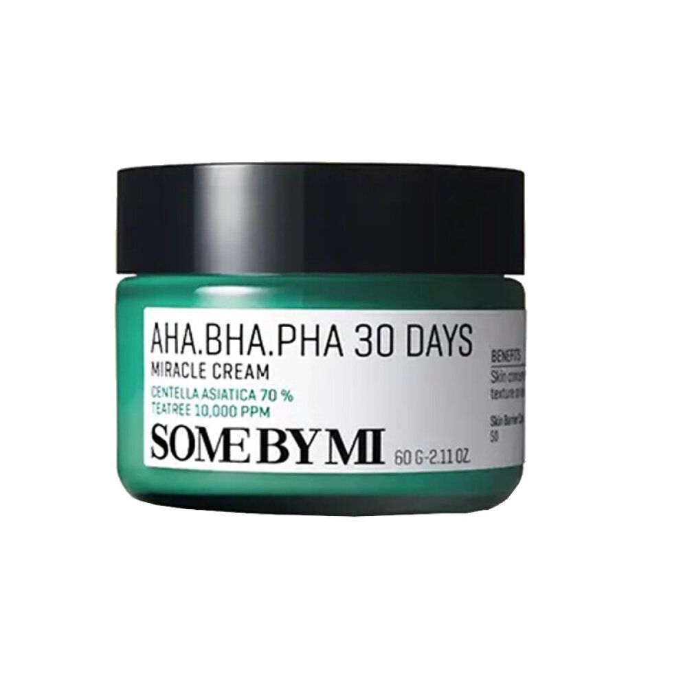 Vasetto di crema verde con coperchio nero. Scritta: AHA.BHA.PHA 30 DAYS MIRACLE CREAM. Marchio: SOME BY MI. 60g.