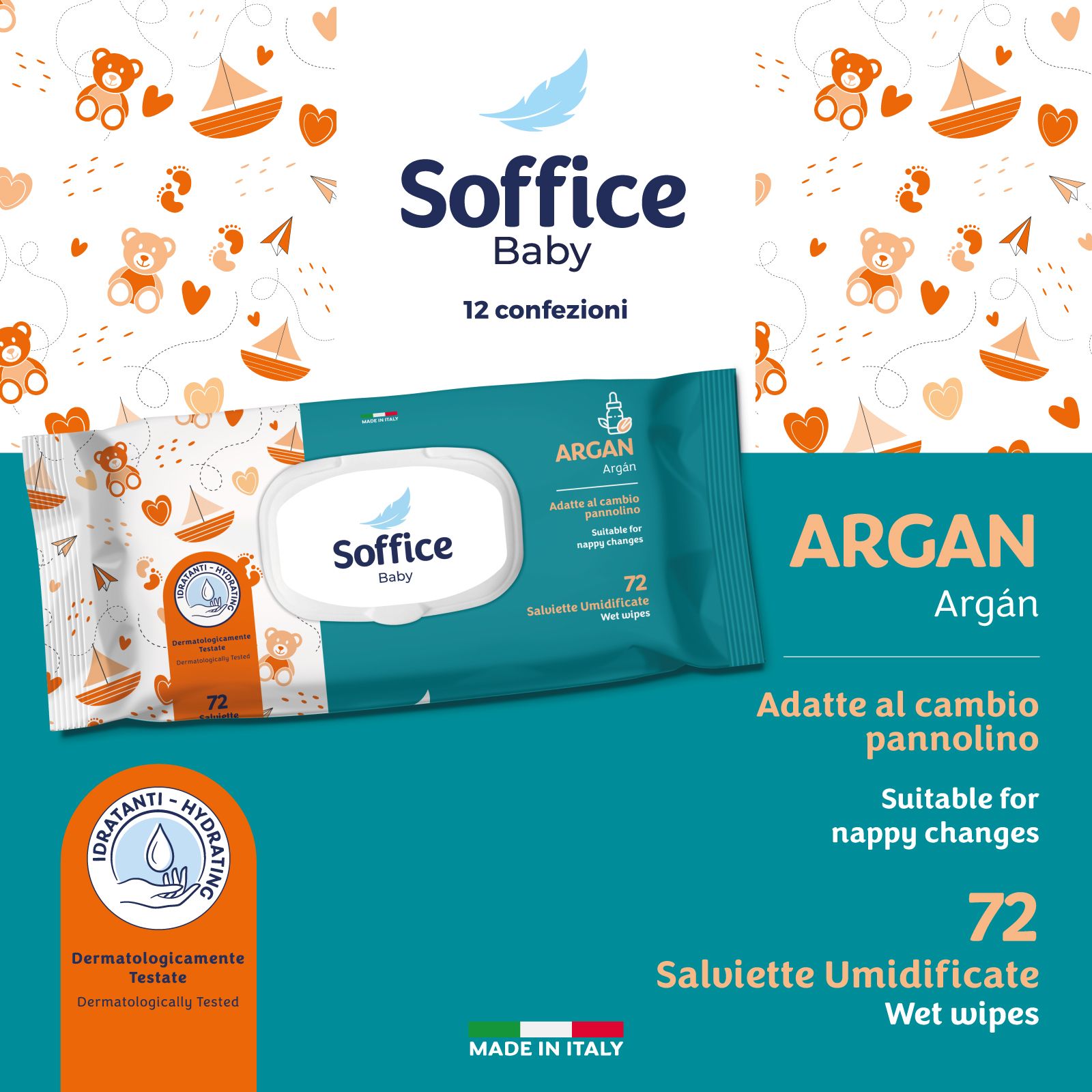 Salviette Soffice Baby all'argan, 72 pezzi, testate dermatologicamente.