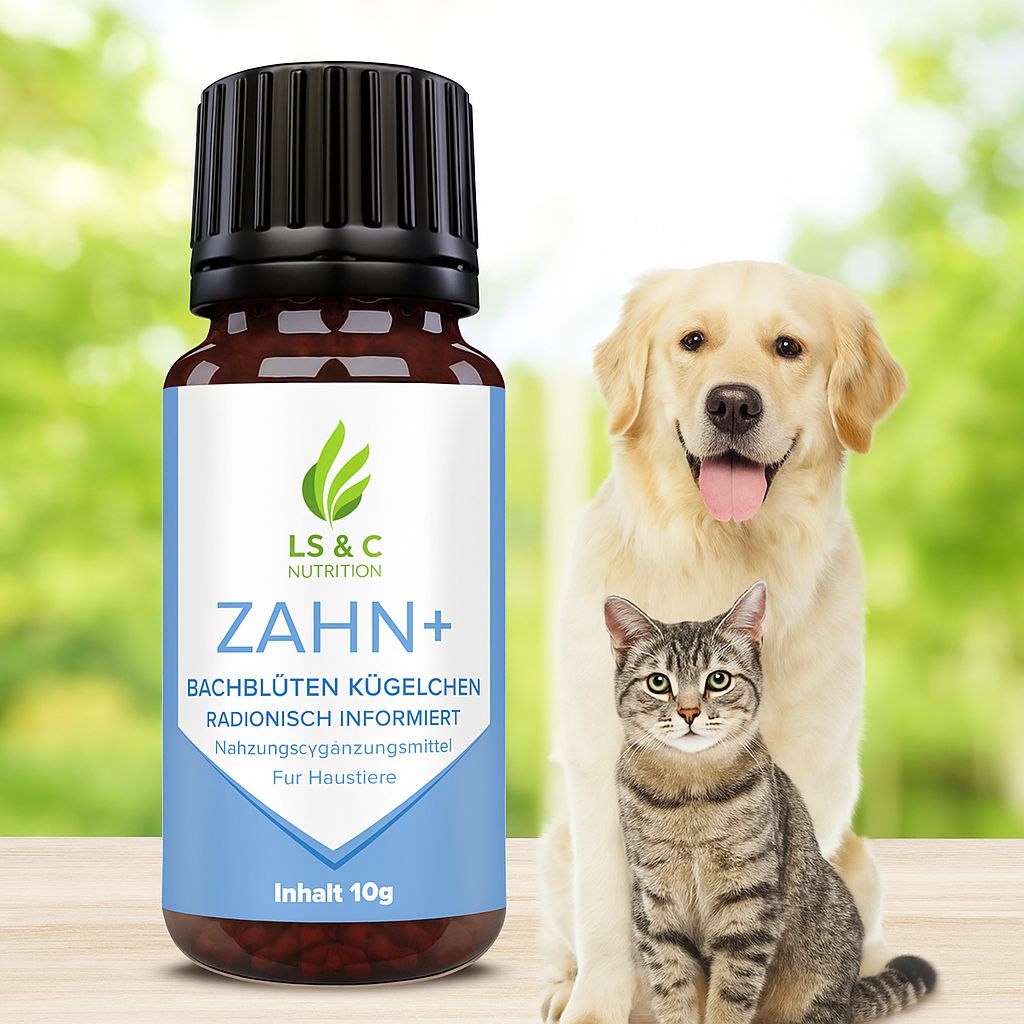 Flacone "ZAHN+" accanto a un cane seduto e un gatto, davanti a uno sfondo verde sfocato.