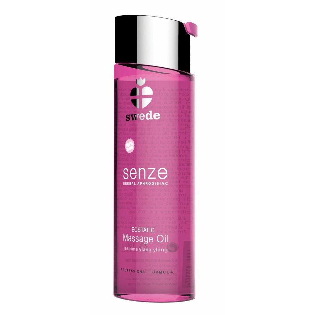 Flacone rosa con tappo argentato. Scritte: swede, senze, Massage Oil. Contiene gelsomino, ylang-ylang e neroli.